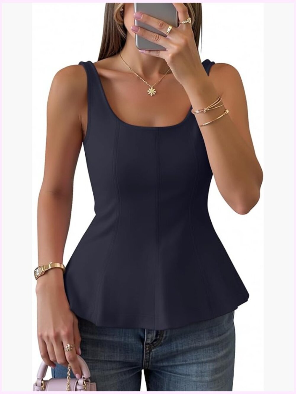 Sleeveless Square Neck Tank Top Fitted Cute Ruffle Hem Casual Summer Tops